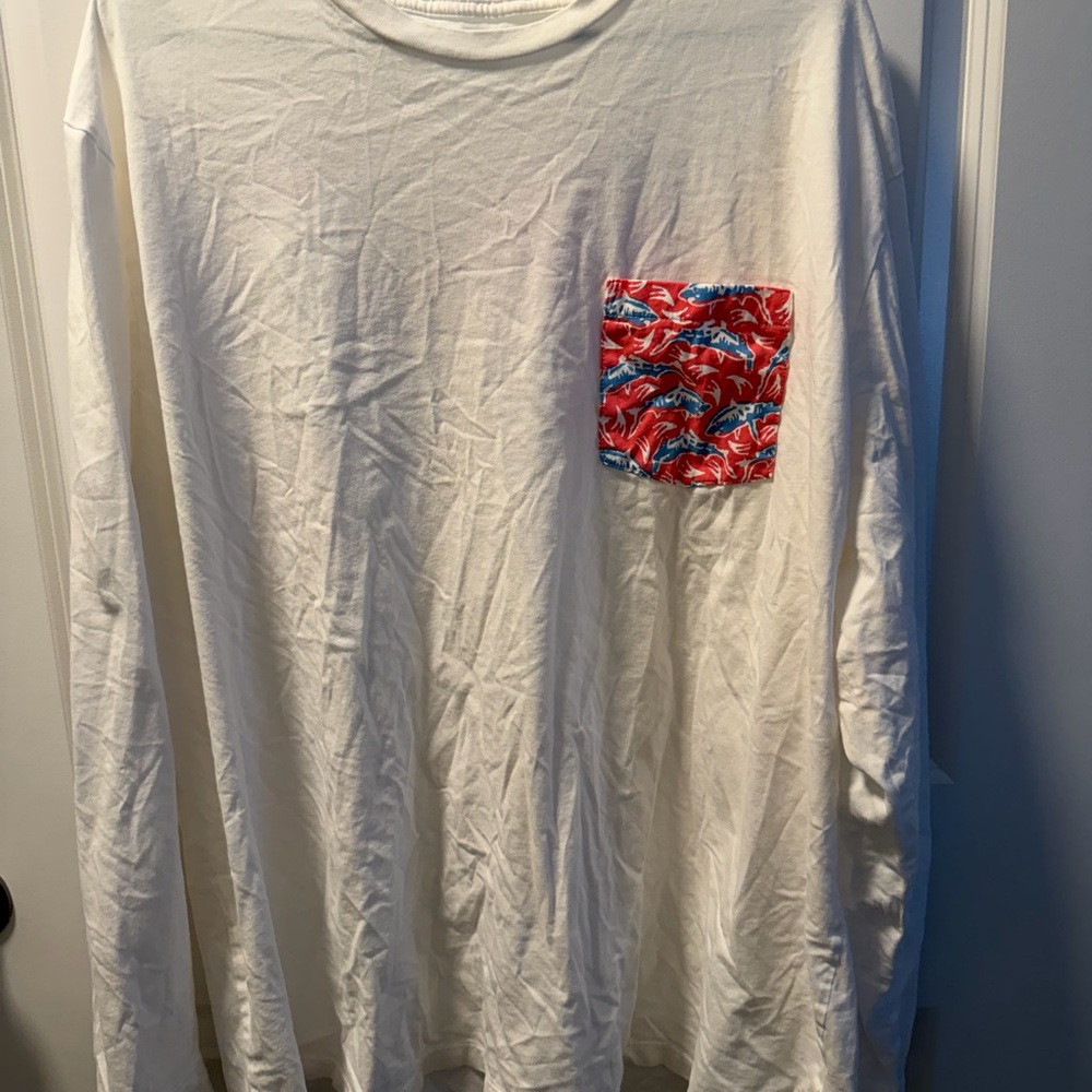 Vineyard Vines White Long Sleeve with Red and Blue Patterned Pocket